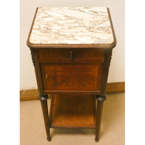 402 - French inlaid bedside cabinet with drawer under tier & inset marble top