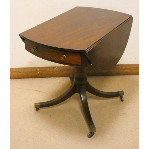 410 - Late Georgian mahogany drop leaf Pembroke table on pillar and quadruple base to brass feet, 32