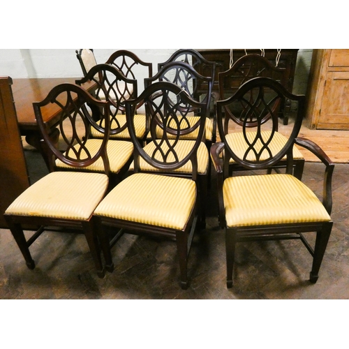 414 - Set of eight shield back mahogany dining chairs - 6 standards and pair of carvers with striped seats