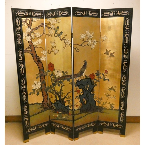 421 - Chinese black lacquer and gilt bird decorated four fold screen