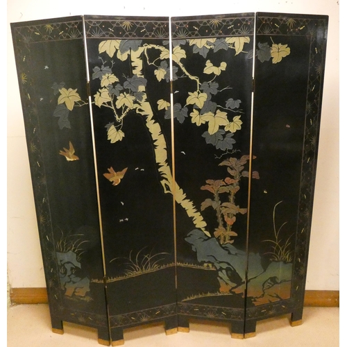 421 - Chinese black lacquer and gilt bird decorated four fold screen