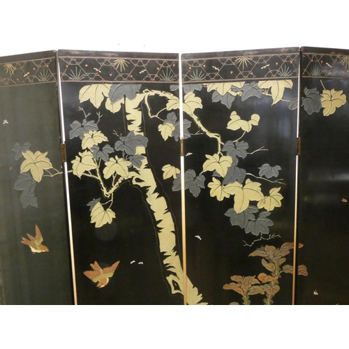 421 - Chinese black lacquer and gilt bird decorated four fold screen