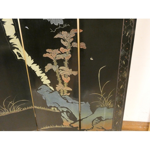 421 - Chinese black lacquer and gilt bird decorated four fold screen