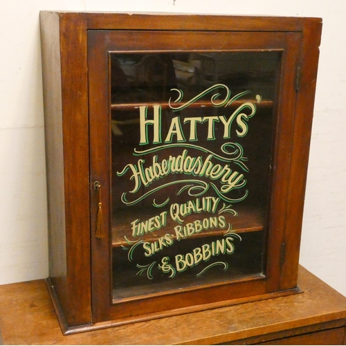 431 - Late Victorian shop display cabinet- glazed front advertising 'Hatty's Haberdashery', mahogany cabin... 