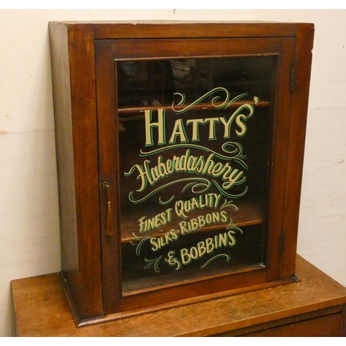 431 - Late Victorian shop display cabinet- glazed front advertising 'Hatty's Haberdashery', mahogany cabin... 