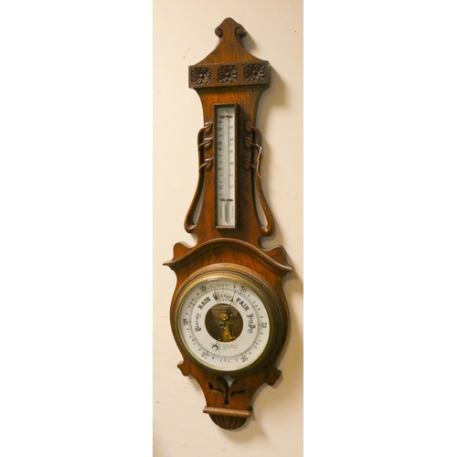 432 - Edwardian banjo barometer in oak case - Thomas Armstrong & Bros, Manchester