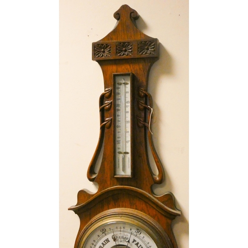 432 - Edwardian banjo barometer in oak case - Thomas Armstrong & Bros, Manchester