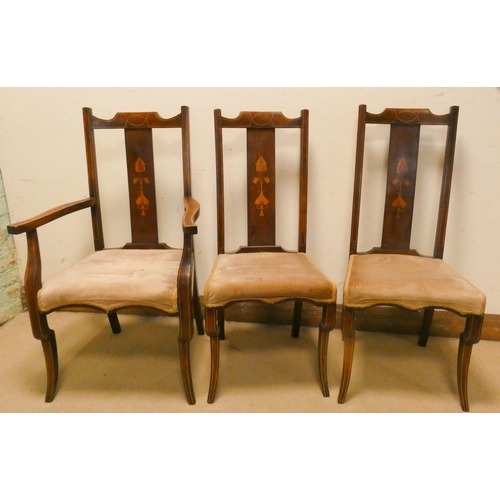 441 - Pair of Edwardian Art Nouveau inlaid dining chairs and a carver  matching