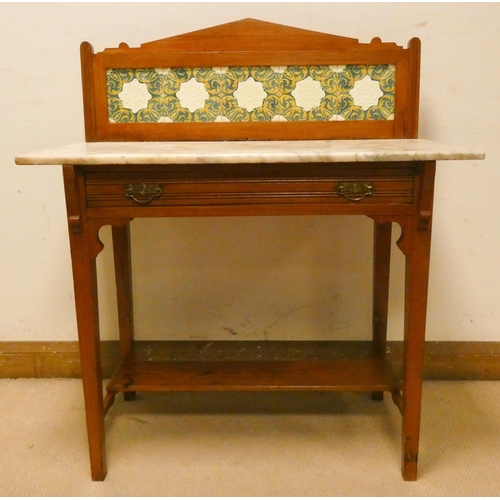 442 - Late Victorian pitch pine washstand with marble top and tiled panel back, 3' wide