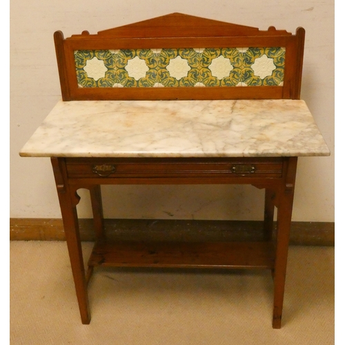 442 - Late Victorian pitch pine washstand with marble top and tiled panel back, 3' wide