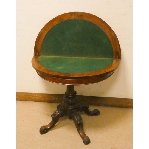 452 - Victorian semi-circular walnut folding top card table on turned pillar and quadruple base, 3' wide