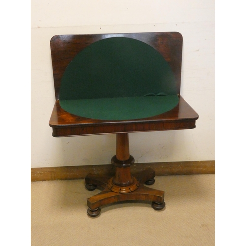 455 - Victorian rosewood fold over top card table on turned pillar and platform base, 3' wide