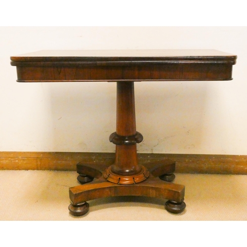 455 - Victorian rosewood fold over top card table on turned pillar and platform base, 3' wide