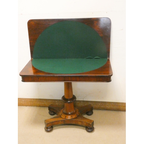 455 - Victorian rosewood fold over top card table on turned pillar and platform base, 3' wide