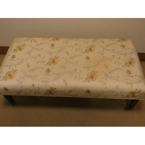 456 - Large early 20th century upholstered footstool on mahogany reeded legs, 4' x 2'