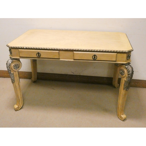 475 - Continental cream and gilt decorated centre table fitted drawers on cabriole legs, 50