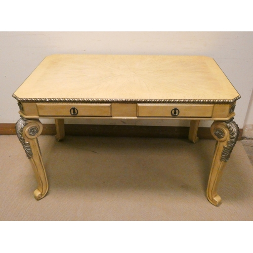 475 - Continental cream and gilt decorated centre table fitted drawers on cabriole legs, 50