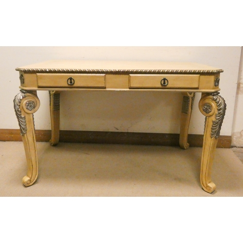 475 - Continental cream and gilt decorated centre table fitted drawers on cabriole legs, 50