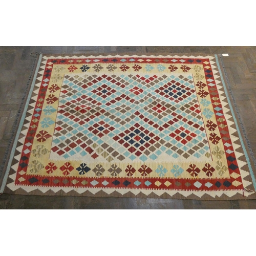 179 - A large fawn and patterned Kilim style wool pile rug, 6'11 x 5'