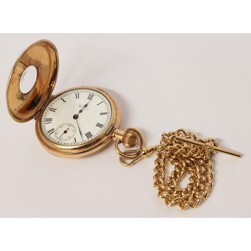 592 - A Victorian Waltham gold plated half hunter pocket watch on gold plated Albert chain, serial number ... 