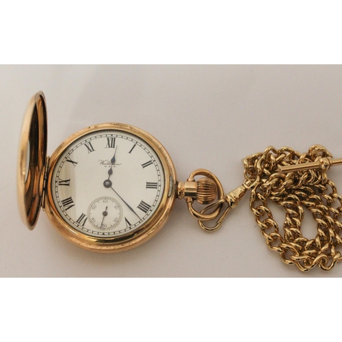 592 - A Victorian Waltham gold plated half hunter pocket watch on gold plated Albert chain, serial number ... 