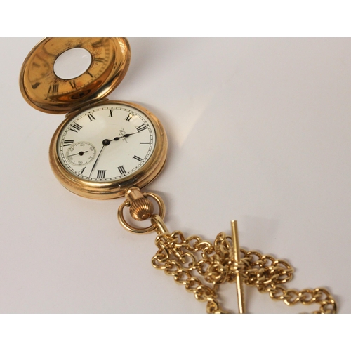 592 - A Victorian Waltham gold plated half hunter pocket watch on gold plated Albert chain, serial number ... 