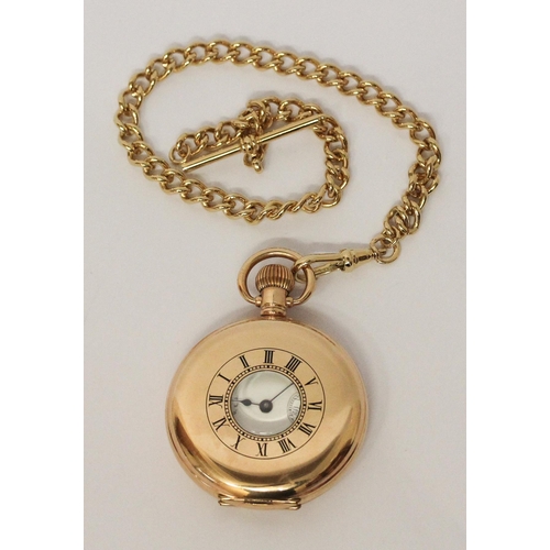 592 - A Victorian Waltham gold plated half hunter pocket watch on gold plated Albert chain, serial number ... 