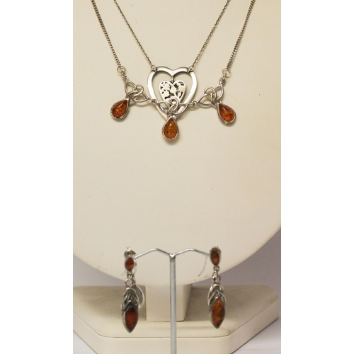 607 - Kit Heath silver heart necklace, amber and silver jewellery, pair of Rocio silver drop earrings