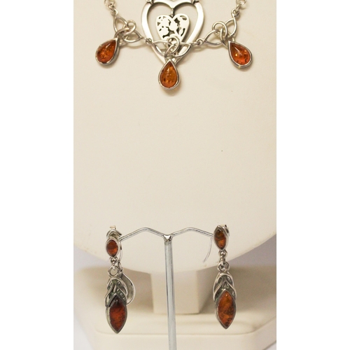 607 - Kit Heath silver heart necklace, amber and silver jewellery, pair of Rocio silver drop earrings