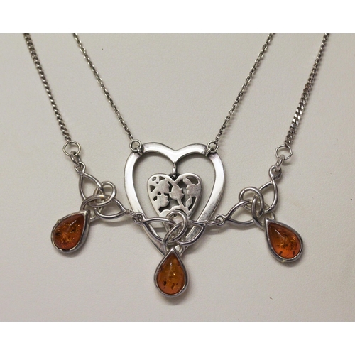 607 - Kit Heath silver heart necklace, amber and silver jewellery, pair of Rocio silver drop earrings