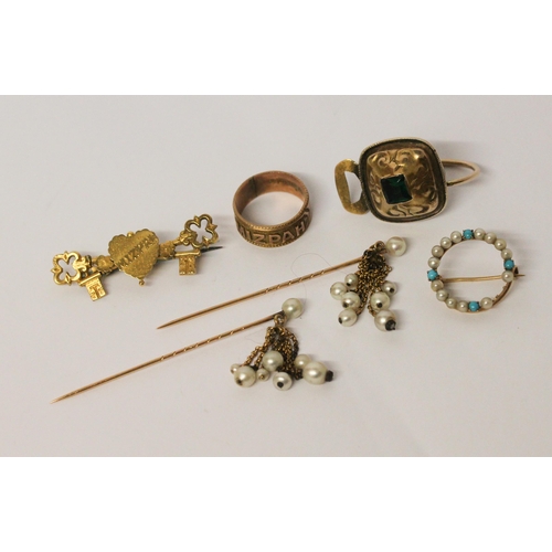 615 - Antique Mizpah ring and bar brooch both marked 9ct gold, two pearl set tassel stick pins, tourmaline... 