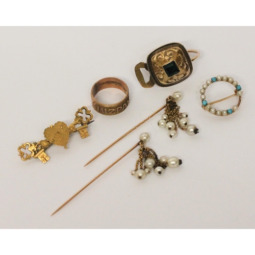 615 - Antique Mizpah ring and bar brooch both marked 9ct gold, two pearl set tassel stick pins, tourmaline... 