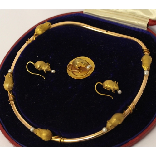 693 - A Victorian gold and pearl suite of jewellery, comprising a choker necklace, pair of drop earrings a... 