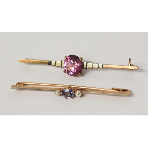 698 - An Art Deco pink sapphire bar brooch and a sapphire and pearl bar brooch. Pink sapphire brooch marke... 