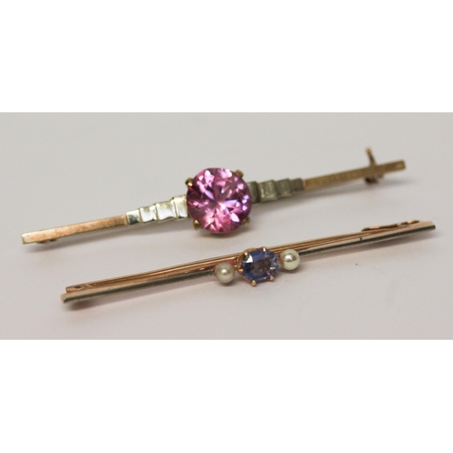 698 - An Art Deco pink sapphire bar brooch and a sapphire and pearl bar brooch. Pink sapphire brooch marke... 