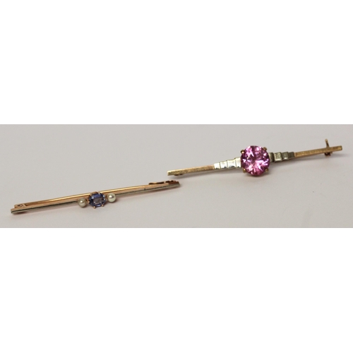 698 - An Art Deco pink sapphire bar brooch and a sapphire and pearl bar brooch. Pink sapphire brooch marke... 