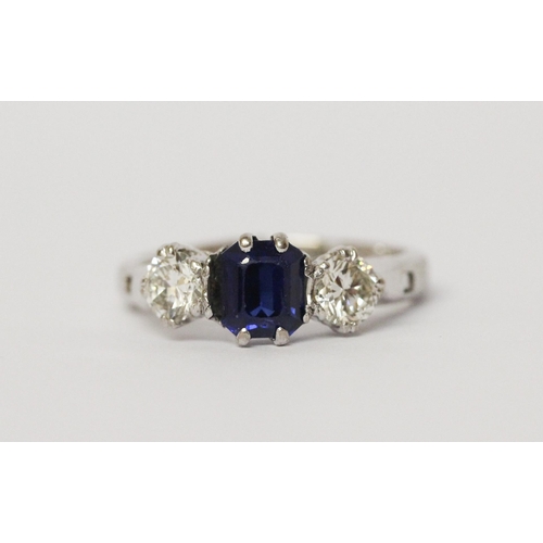 707 - A sapphire and diamond three stone ring, in unmarked platinum setting, with snap open hinged expandi... 