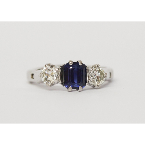 707 - A sapphire and diamond three stone ring, in unmarked platinum setting, with snap open hinged expandi... 