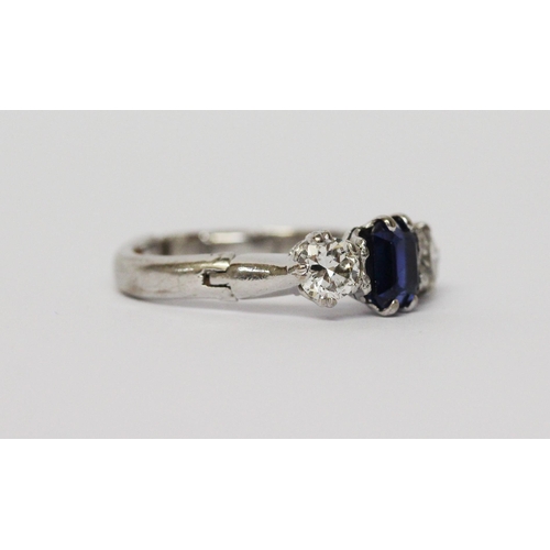 707 - A sapphire and diamond three stone ring, in unmarked platinum setting, with snap open hinged expandi... 