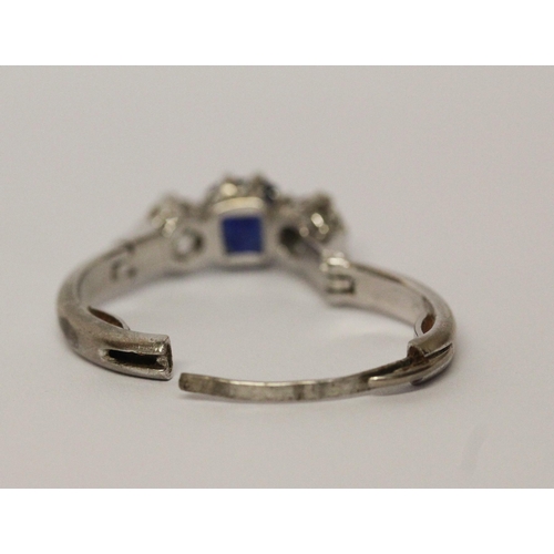 707 - A sapphire and diamond three stone ring, in unmarked platinum setting, with snap open hinged expandi... 