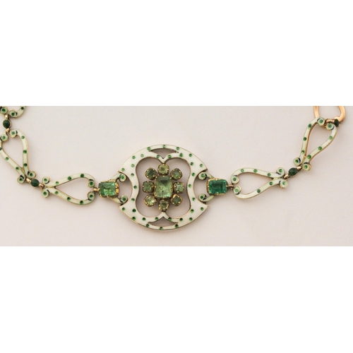 708 - A Victorian emerald and enamel bracelet, with a cluster of emeralds to the centre panel with further... 