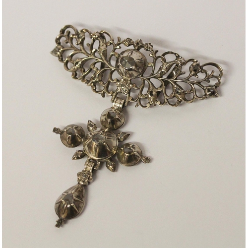 710 - Antique silver and rose cut diamond Flemish Papillon Croix a la Jeannette, the upper filigree sectio... 