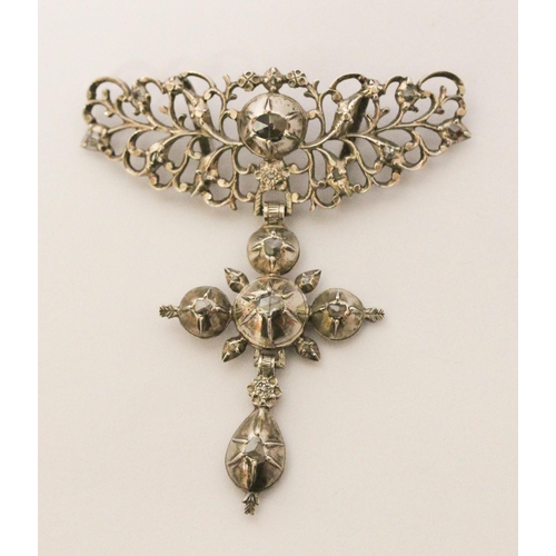 710 - Antique silver and rose cut diamond Flemish Papillon Croix a la Jeannette, the upper filigree sectio... 