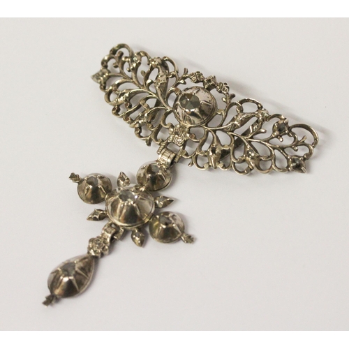 710 - Antique silver and rose cut diamond Flemish Papillon Croix a la Jeannette, the upper filigree sectio... 