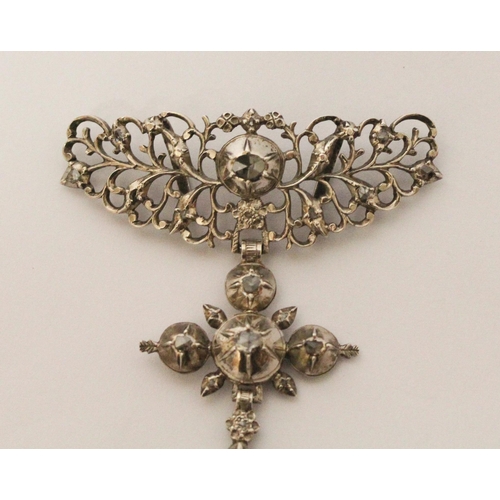 710 - Antique silver and rose cut diamond Flemish Papillon Croix a la Jeannette, the upper filigree sectio... 