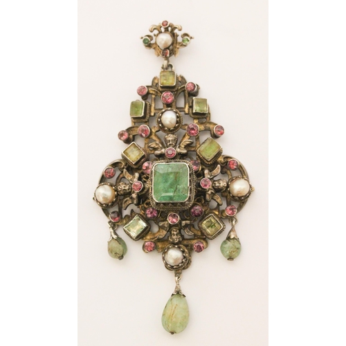 711 - Antique Austro Hungarian pendant, the substantial silver pendant set with emeralds, rubies and pearl... 