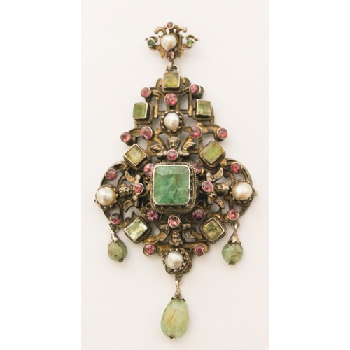 711 - Antique Austro Hungarian pendant, the substantial silver pendant set with emeralds, rubies and pearl... 