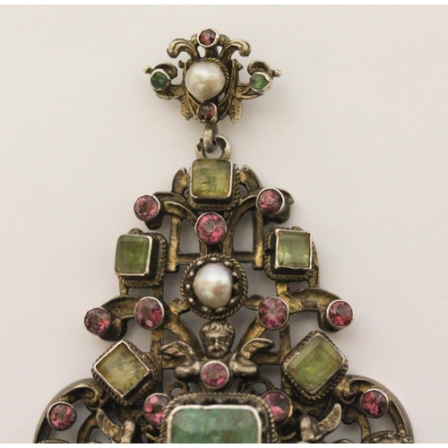 711 - Antique Austro Hungarian pendant, the substantial silver pendant set with emeralds, rubies and pearl... 