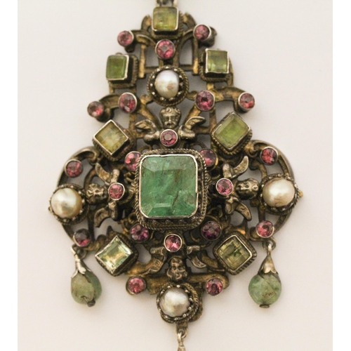 711 - Antique Austro Hungarian pendant, the substantial silver pendant set with emeralds, rubies and pearl... 