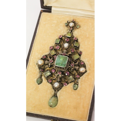 711 - Antique Austro Hungarian pendant, the substantial silver pendant set with emeralds, rubies and pearl... 